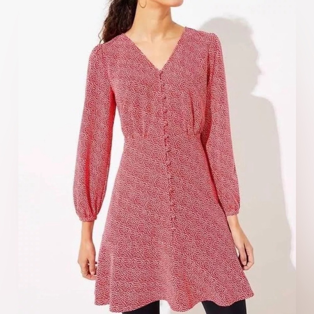 Loft Red White Heart Ruffle Hem Knee Length Long Sleeve Dress‎ Women’s Size 4
